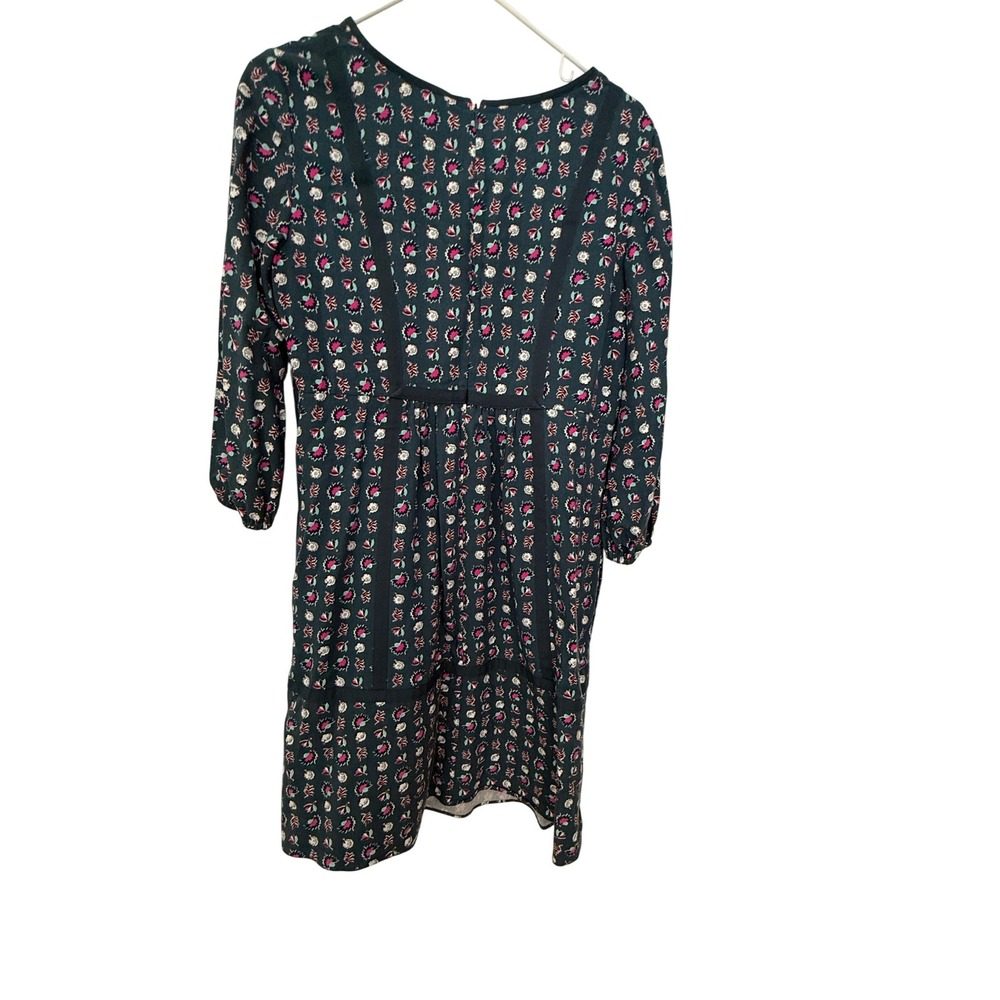 Boden Shift Dress Womens 8R‎ Teal Floral Leaves Trimmed Long Sleeve Mini NWOT